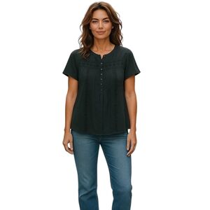 Society Amuse Crochet Blouse Women XS Black 1/2 Button Cap Sleeve Delicate